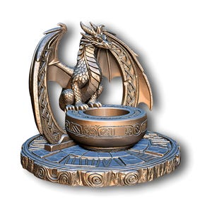 May include: Bronze-colored dragon sculpture with intricate details. The dragon has large wings and sits atop a round base with a bowl-like structure in the center. The base and bowl feature engraved patterns. A fantasy-themed decorative item.