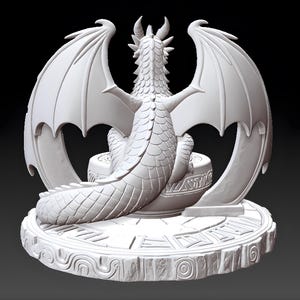May include: A white dragon sculpture with large, detailed wings and a long tail. The dragon is seated on a round base with engraved patterns. The sculpture has a detailed, textured surface and is set against a dark background.