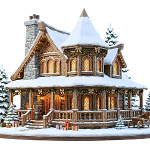 May include: A detailed Christmas village house covered in snow, with a stone chimney, wooden accents, and lit windows. The house is decorated with garlands, bows, and lights, and sits on a snowy base with miniature Christmas trees and presents.