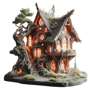 Puede incluir: Ilustración detallada de una casa de fantasía, construida con madera y entrelazada con un gran árbol. La casa presenta ventanas arqueadas, un balcón y una escalera de caracol, todo iluminado con una luz cálida. El estilo evoca un ambiente de cuento de hadas.