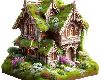 Könnte beinhalten: Ein Miniatur-Feenhaus mit einem moosbedeckten Dach und aufwendigen Holzdetails. Das Haus ist von üppigem Grün umgeben, darunter leuchtend violette und weiße Blumen. Die Fenster sind beleuchtet, was auf ein gemütliches Inneres hindeutet.