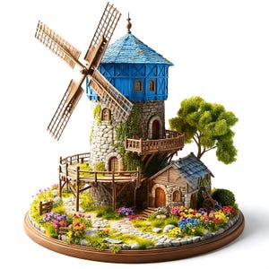May include: A miniature windmill model with a stone tower, blue roof, and wooden accents. The model features a small house, a wooden bridge, and a base with colorful flowers and greenery. The windmill blades are made of wood.