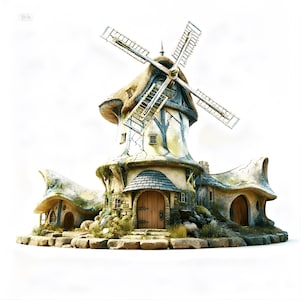 May include: A whimsical miniature windmill with a thatched roof and weathered stone exterior. The structure features a rotating fan, wooden doors, and small windows. The base is surrounded by rocks and greenery, creating a charming, fairytale-like scene.