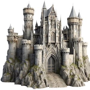 Peut inclure: Illustration détaillée d'un château en pierre avec de multiples tours, tourelles et une entrée grillagée. Le château est construit sur une falaise rocheuse, avec un chemin en pierre menant à la porte. La palette de couleurs est principalement grise et beige.
