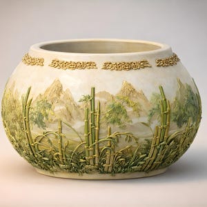 May include: Cream ceramic planter with a detailed relief design. The planter features a landscape with mountains, bamboo, and foliage in green and tan. A decorative gold border accents the rim.