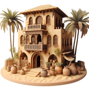 Peut inclure: Maquette détaillée d'un bâtiment de style moyen-oriental avec un extérieur beige, des fenêtres cintrées et un balcon. Des palmiers flanquent la structure, et divers pots en argile sont disposés autour de la base, créant une scène désertique.
