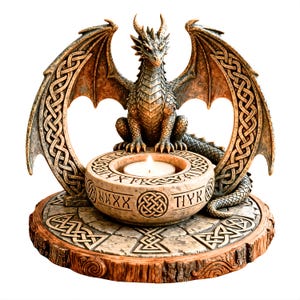 May include: A bronze-colored dragon figurine with outstretched wings, perched above a candle holder. The wings feature Celtic knot designs. The candle holder is round, with a lit candle inside, and sits on a wooden base.