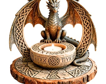 May include: A bronze-colored dragon figurine with outstretched wings, perched above a candle holder. The wings feature Celtic knot designs. The candle holder is round, with a lit candle inside, and sits on a wooden base.