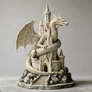 Może przedstawiać: Szczegółowa rzeźba zamku oplecionego przez smoka. Smok jest kremowy z dużymi, ozdobnymi skrzydłami. Zamek ma wiele wież i kamienną podstawę. Neutralne tło.