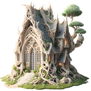 Puede incluir: Una casa fantástica integrada en un árbol, con intrincados detalles de madera clara y ventanas arqueadas. El tejado es gris pizarra, y el diseño incorpora follaje verde y un pequeño árbol con una copa redondeada, creando una estética caprichosa.