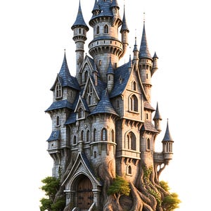 May include: A detailed illustration of a fairytale castle with multiple towers and spires. The castle is constructed of stone with blue-gray roofs and is rooted in a large tree. A stone staircase leads to the wooden arched doorway.