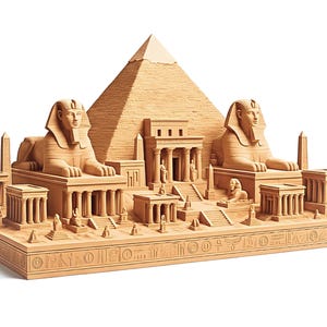 Può includere: Un modello in legno dettagliato di un antico complesso egizio, con una piramide, sfingi, templi e geroglifici. Il modello è di colore marrone chiaro e poggia su una base rettangolare.