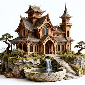 May include: A detailed wooden miniature house with a stone base, waterfall, and pond. The house features intricate architectural details, a slate roof, and a small tower. Two bonsai trees flank the structure, adding to the serene landscape.