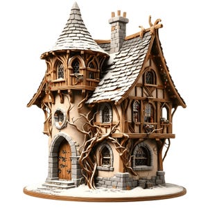 May include: A detailed miniature house with a snow-covered roof and a turret. The house features wooden beams, arched windows, and a stone base. A climbing vine adds a natural touch to the whimsical design.
