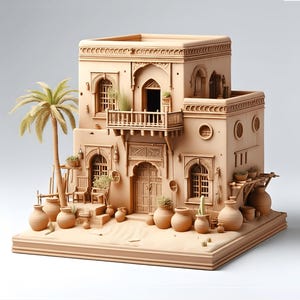 May include: A detailed miniature model of a Middle Eastern style house, crafted in a warm beige tone. The model features arched windows, a balcony, and a palm tree. Decorative pottery and sand complete the desert scene. The house is a detailed architectural model.