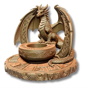 May include: A bronze-colored dragon sculpture with intricate detailing. The dragon is perched above a round bowl, with its wings spread. The base is also detailed with geometric patterns. A decorative piece.