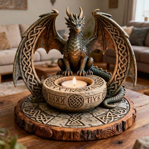May include: A detailed dragon candle holder with a lit candle. The dragon is green and bronze, with intricate wing designs and Celtic knot patterns. The candle holder is round, with engraved symbols, and sits on a wooden base. A decorative home accent.