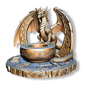 May include: A bronze-colored dragon statue with large, detailed wings and a coiled tail. The dragon sits atop a round base with a bowl in front. The bowl and base have intricate Celtic knot designs.