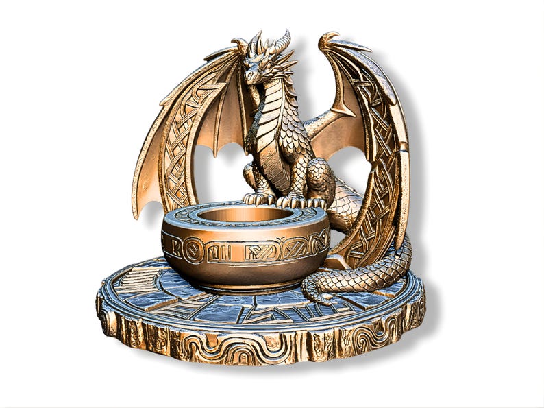 May include: A bronze-colored dragon statue with large, detailed wings and a coiled tail. The dragon sits atop a round base with a bowl in front. The bowl and base have intricate Celtic knot designs.