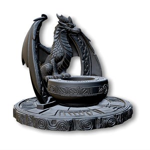 May include: A dark gray dragon sculpture with detailed scales, wings, and horns. The dragon sits atop a round, ornate base with a bowl-shaped center. The sculpture is a fantasy-themed decorative item.