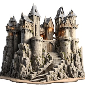 Puede incluir: Ilustración detallada de un castillo medieval encaramado en un acantilado rocoso. El castillo presenta múltiples torres con tejados puntiagudos, muros de piedra y ventanas arqueadas. Una escalera de piedra conduce a la entrada. La paleta de colores es apagada, con tonos grises, marrones y beige.