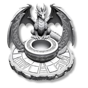 May include: A detailed, silver-colored dragon sculpture. The dragon has large wings with intricate patterns, and it sits atop a circular base with a central opening. The base has a geometric design.