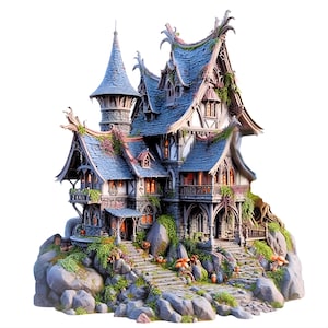 Cabaña de montaña de fantasía STL: modelo 3D de casa encantada en el acantilado