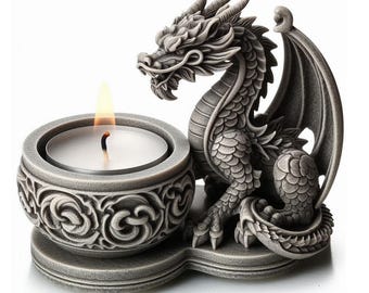 May include: A gray dragon-shaped candle holder with a lit candle. The dragon has detailed scales, wings, and a fierce expression. The candle holder is round with an ornate design. A decorative item for fantasy enthusiasts.