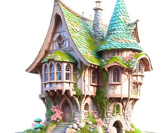 Könnte beinhalten: Ein skurriles Miniaturhaus mit grünem und braunem Dach, Steinkamin und gewölbtem Eingang. Das Haus verfügt über mehrere Fenster, einen Steinsockel und ist von rosa Blumen und Grün umgeben. Das Design erinnert an ein Märchenhaus.