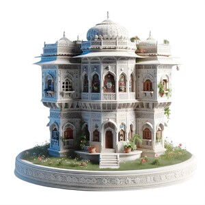 Può includere: Un dettagliato palazzo in miniatura bianco con intagli intricati, cupole e balconi. Il modello presenta finestre ad arco, piccole piante in vaso e una base con erba e fiori, creando un'esposizione architettonica serena.