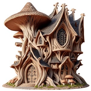 May include: A whimsical, multi-story mushroom house with a detailed, organic design. The structure features a large mushroom cap roof, intricate wooden detailing, and multiple windows. The color palette is primarily earthy tones of brown and beige, with a touch of gray.
