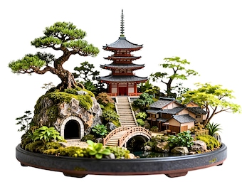 May include: Miniature Japanese garden scene featuring a multi-tiered pagoda with red and black accents, a stone bridge, and a small pond. The scene includes bonsai trees, lush greenery, and a traditional Japanese house, all set in a dark gray ceramic pot.