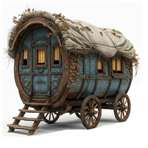 Può includere: Un carrozzone stravagante, blu e marrone, con tetto di paglia e ruote di legno. Il carro presenta piccole finestre con tende gialle e una scala di legno che conduce alla porta. Viti e fogliame decorativi adornano l'esterno.