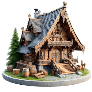 Puede incluir: Una maqueta de madera detallada de una cabaña rústica con tejado de tejas grises. La cabaña presenta intrincadas tallas, un porche y una chimenea de piedra. Barriles, cajas y un pequeño árbol de hoja perenne completan la escena.