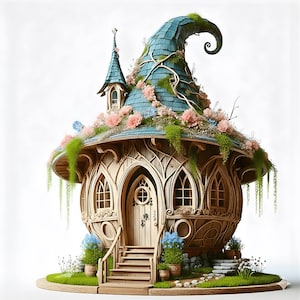 May include: A whimsical fairy house with a witch hat-shaped roof. The house is made of wood, with arched windows and a small door. The roof is covered in blue tiles, moss, and pink and blue flowers. A small tower sits next to the main roof. The house sits on a circular base.