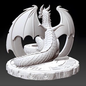 May include: A white dragon sculpture with detailed scales, horns, and large wings. The dragon is seated on a round base with carved patterns. The sculpture is a fantasy-themed decorative item.