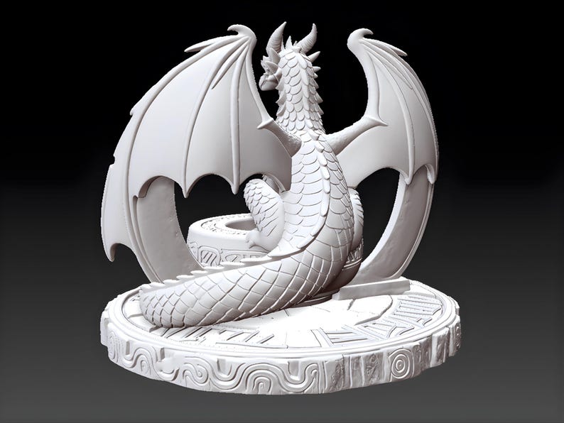 May include: A white dragon sculpture with detailed scales, horns, and large wings. The dragon is seated on a round base with carved patterns. The sculpture is a fantasy-themed decorative item.