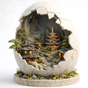 Miniature Pagoda Village Diorama STL | Cracked Egg Fantasy Temple | 3D Printable Model