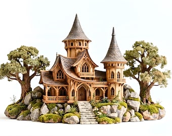 Casa de torre gemela élfica STL / Mansión de bosque de fantasía / Arquitectura imprimible en 3D altamente detallada