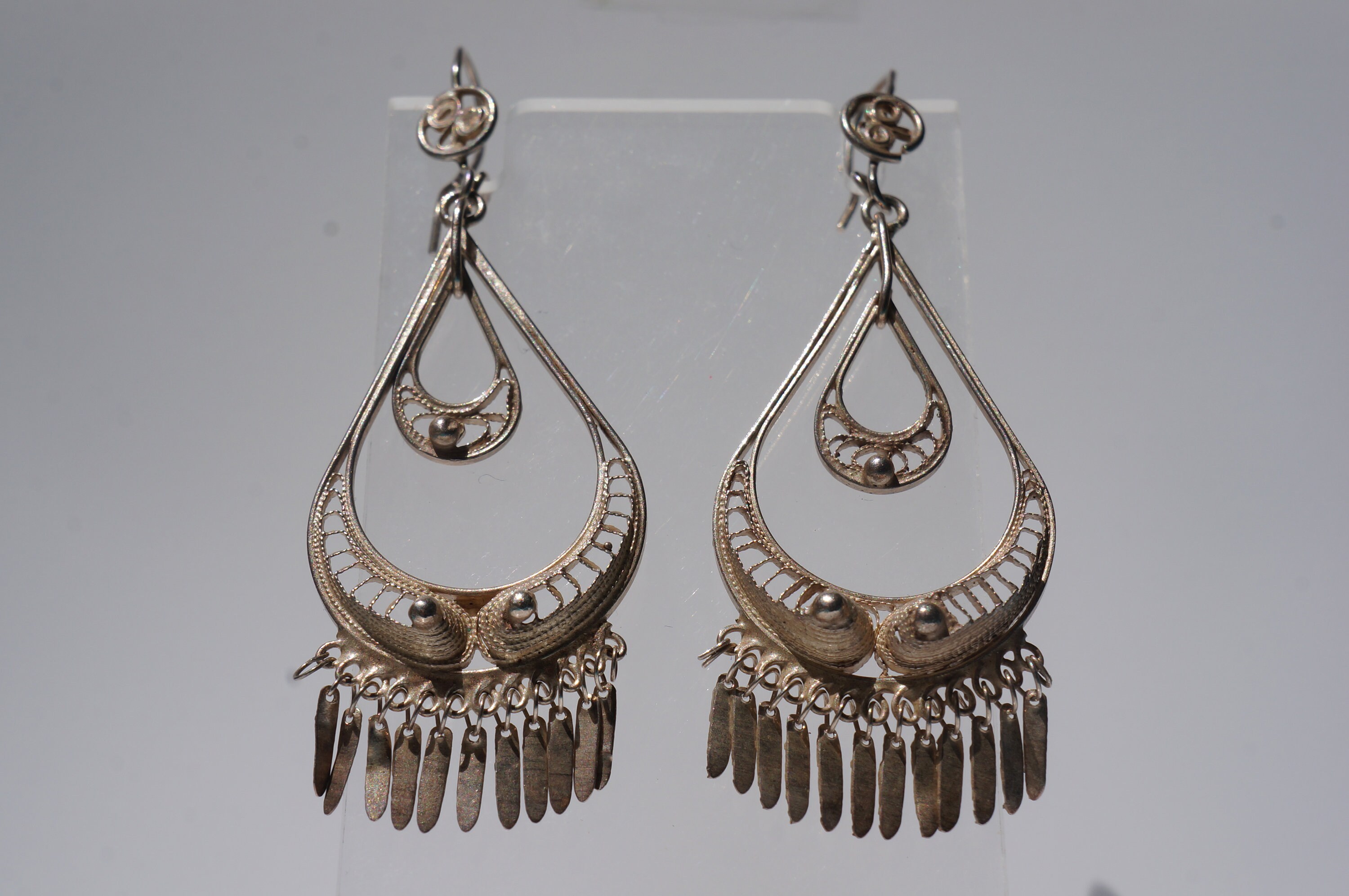 Vintage Sterling Silver Teardrop Tassel Dangle Hoop Earrings