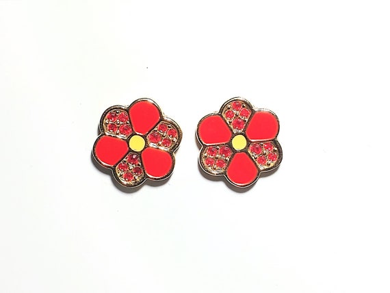 Vintage Swarovski Signed Red Enamel Floral Stud E… - image 1