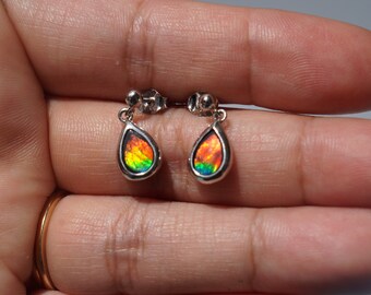 Sterling Silver Genuine Ammolite Teardrop Dangle Earrings