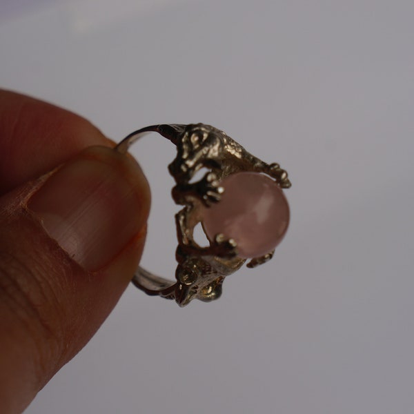 Modernist Sterling Silver Crocodile Rose Quartz Ring