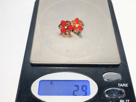 Vintage Swarovski Signed Red Enamel Floral Stud E… - image 4