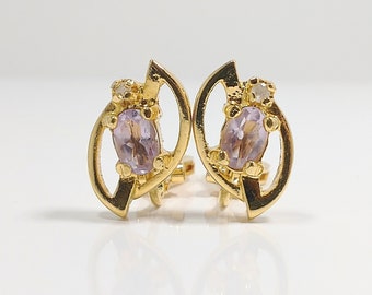 Vintage GIO Signed 14k Gold Plated Amethyst and Diamond Clip On Earrings