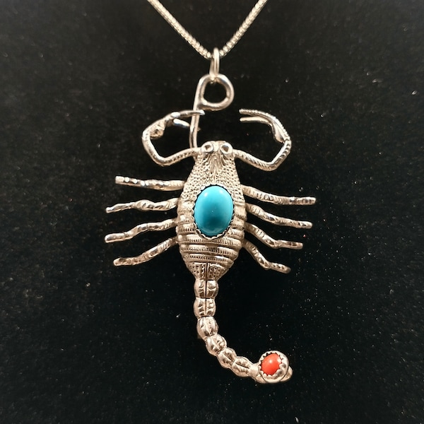 Vintage Sterling Silver Scorpion Necklace / Brooch with Turquoise and Red Coral