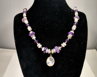 Estate Moonstone Amethyst Necklace: Sterling Silver Pendant, Beaded Gemstone
