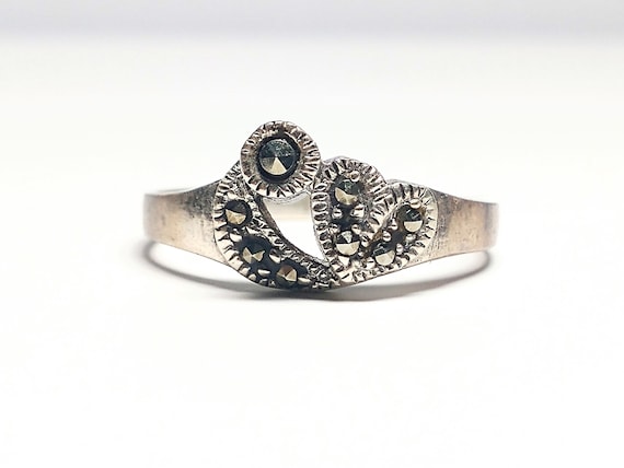 Vintage Sterling Silver Moon and Heart Marcasite Ring