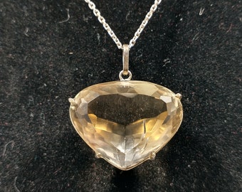 Vtg Sterling Silver Large Citrine Necklace Pendant w/ Natural Inclusions