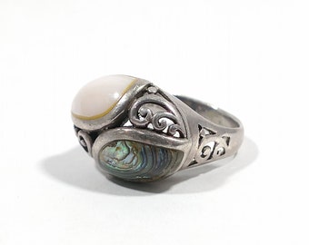 Vintage Sterling Silver Mother of Pearl and Abalone Ring